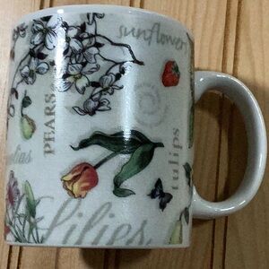 Floral Botanical Strawberries Pears Tulips Iris Sunflowers Lilies Butterfly Mug